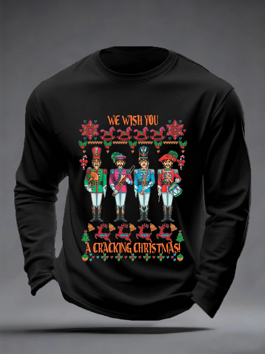Men's Retro Wish You Have A Cracking Christmas Classic Legendary Rock Band Print Casual Long Sleeve T-Shirt