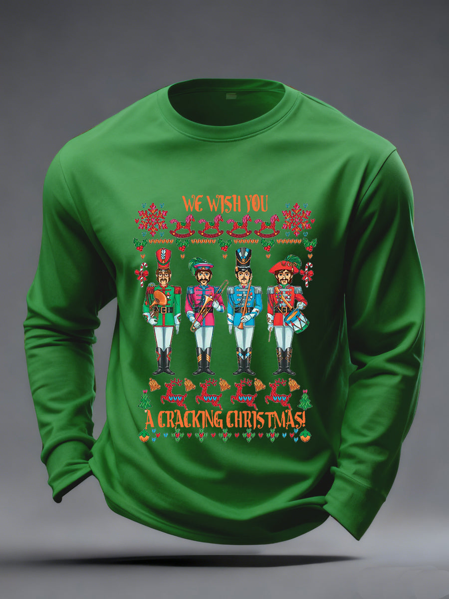 Men's Retro Wish You Have A Cracking Christmas Classic Legendary Rock Band Print Casual Long Sleeve T-Shirt