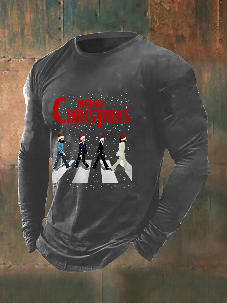 Men's Merry Christmas Retro Classic Legendary Rock Band Print Gift For Fans Casual Long Sleeve T-Shirt