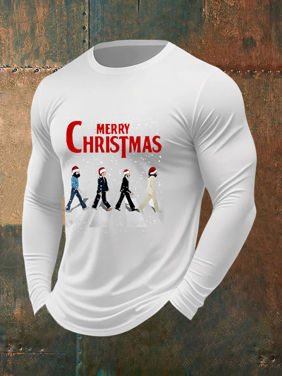Men's Merry Christmas Retro Classic Legendary Rock Band Print Gift For Fans Casual Long Sleeve T-Shirt