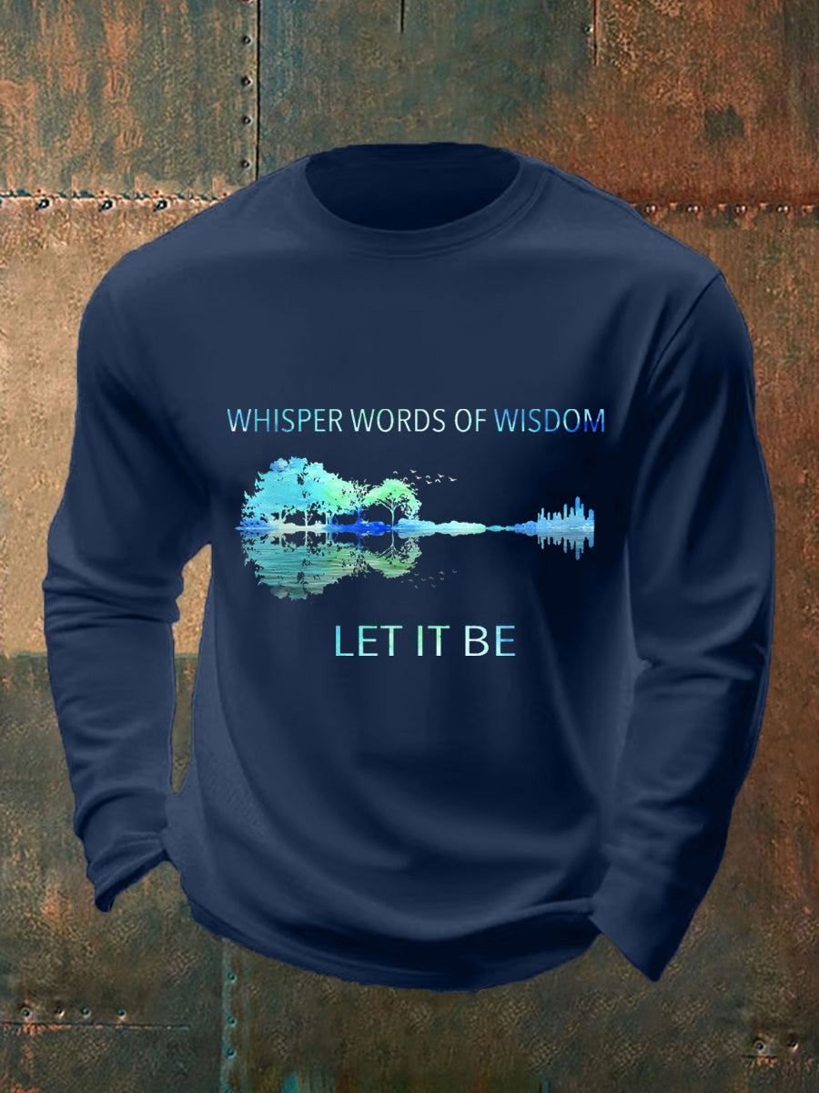 Retro-Langarmshirt für Herren mit Gitarrenprint und dem Aufdruck „Whisper Words Of Wisdom Let It Be“.