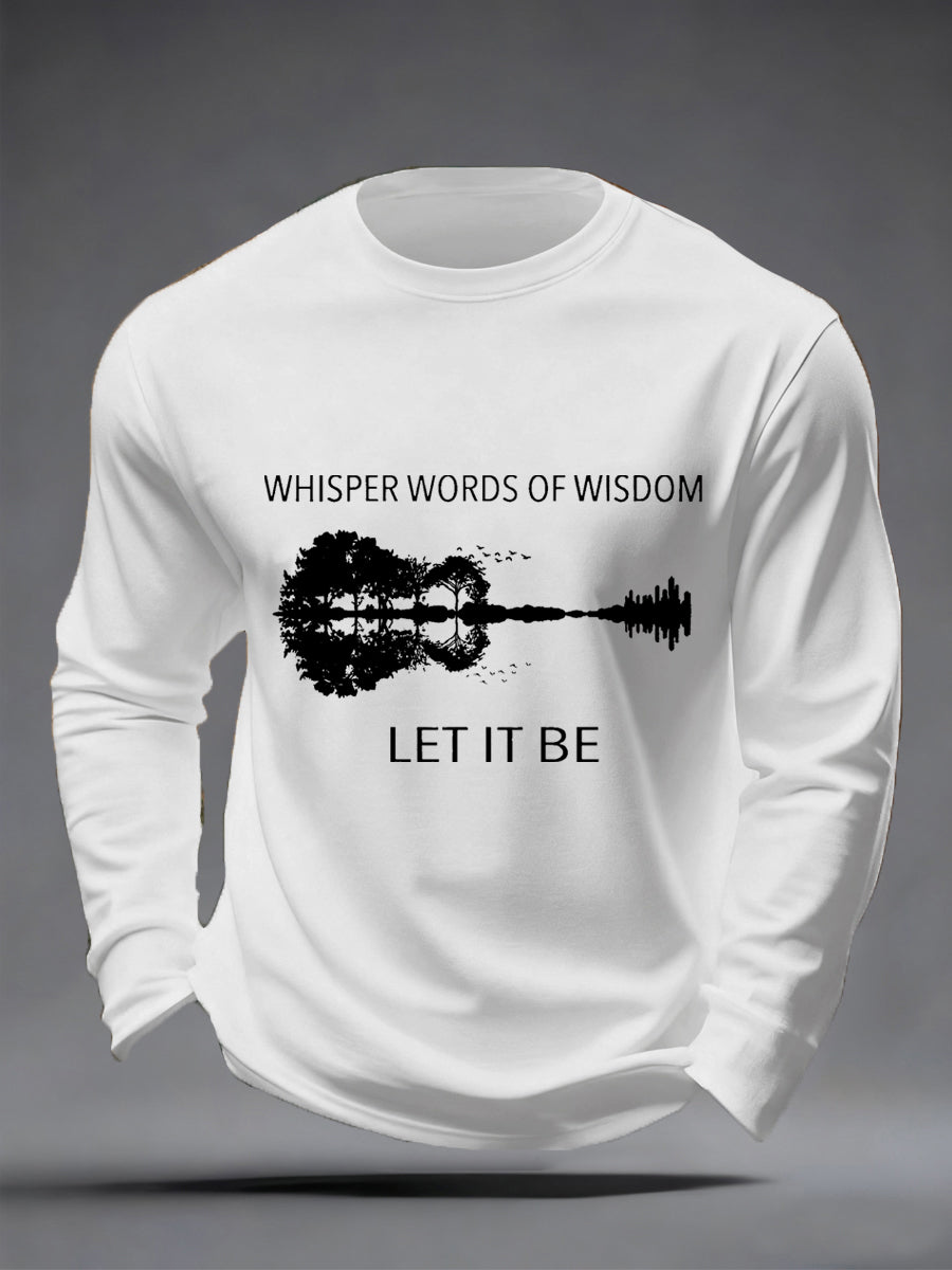 Retro-Langarmshirt für Herren mit Gitarrenprint und dem Aufdruck „Whisper Words Of Wisdom Let It Be“.