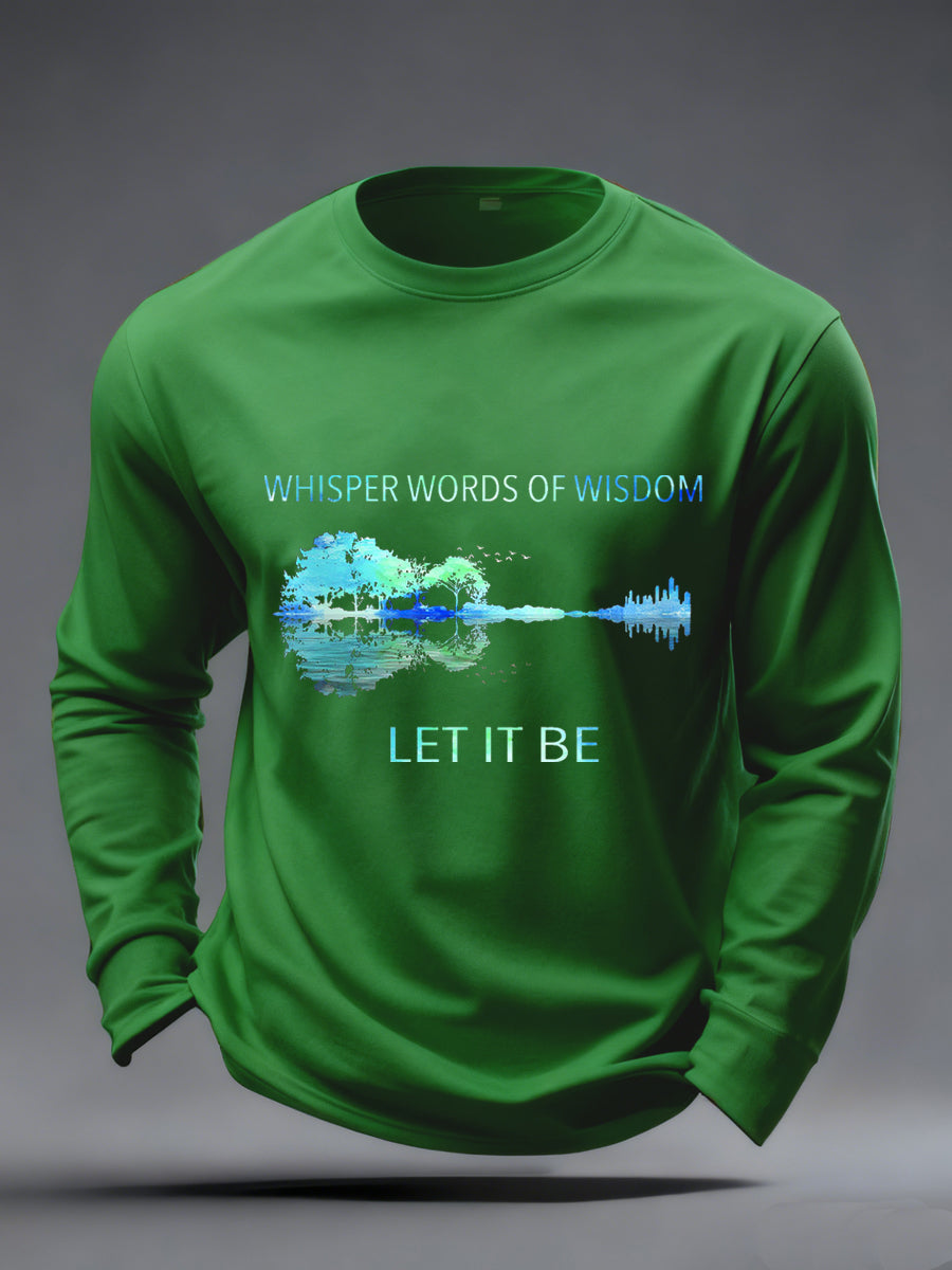Retro-Langarmshirt für Herren mit Gitarrenprint und dem Aufdruck „Whisper Words Of Wisdom Let It Be“.