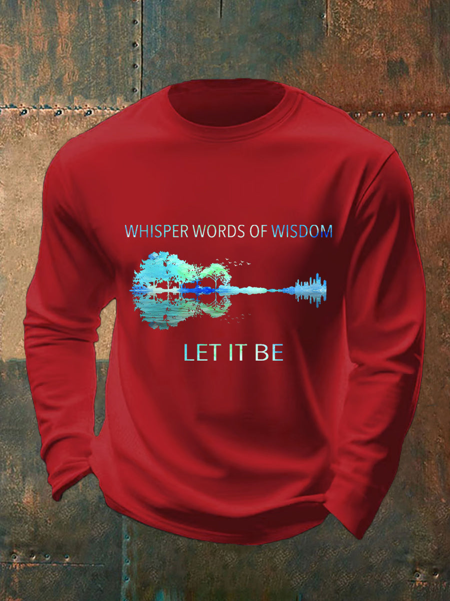 Retro-Langarmshirt für Herren mit Gitarrenprint und dem Aufdruck „Whisper Words Of Wisdom Let It Be“.