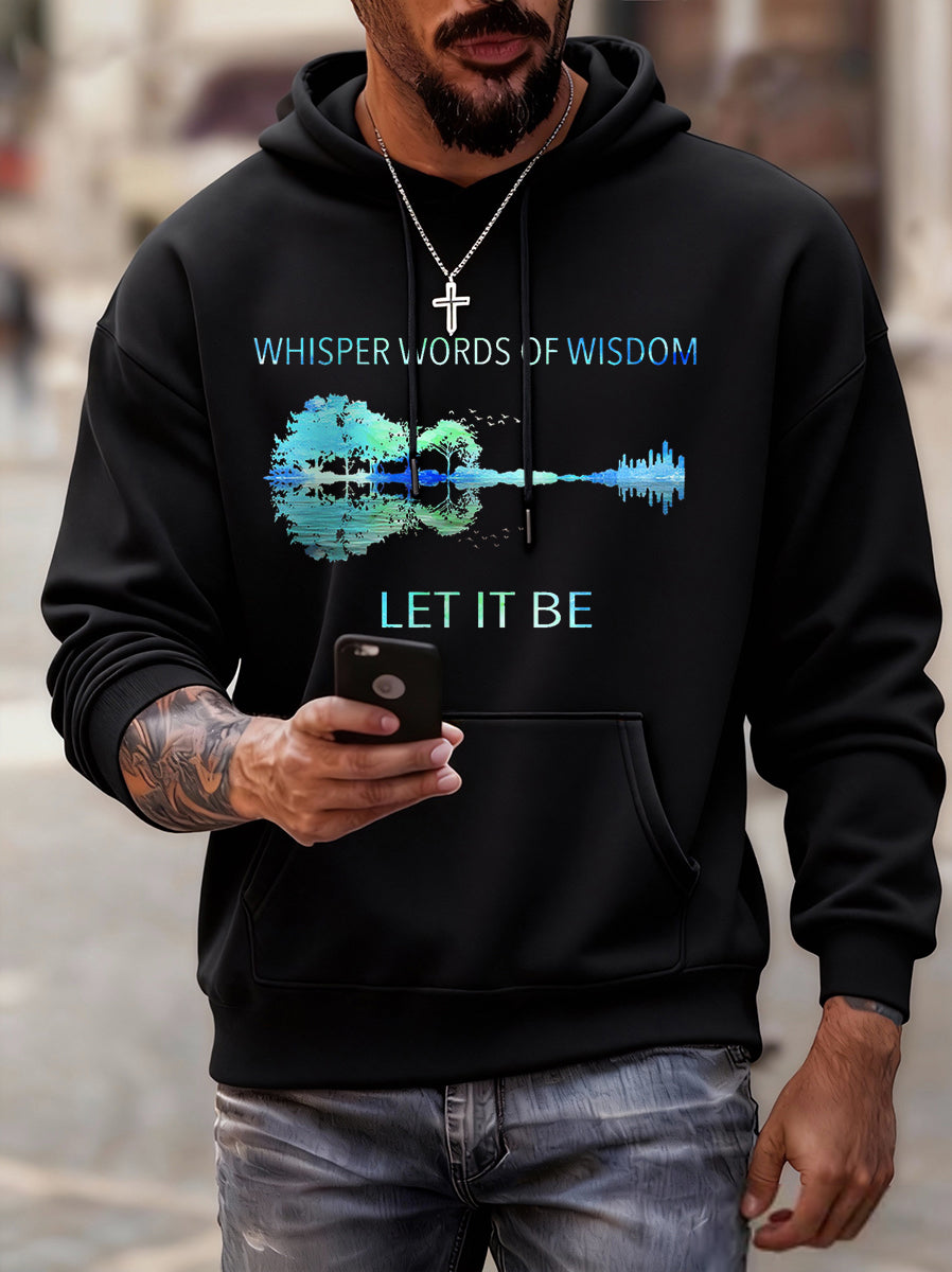 Retro-Hoodie für Herren mit Gitarrenprint und dem Aufdruck „Whisper Words Of Wisdom Let It Be“.