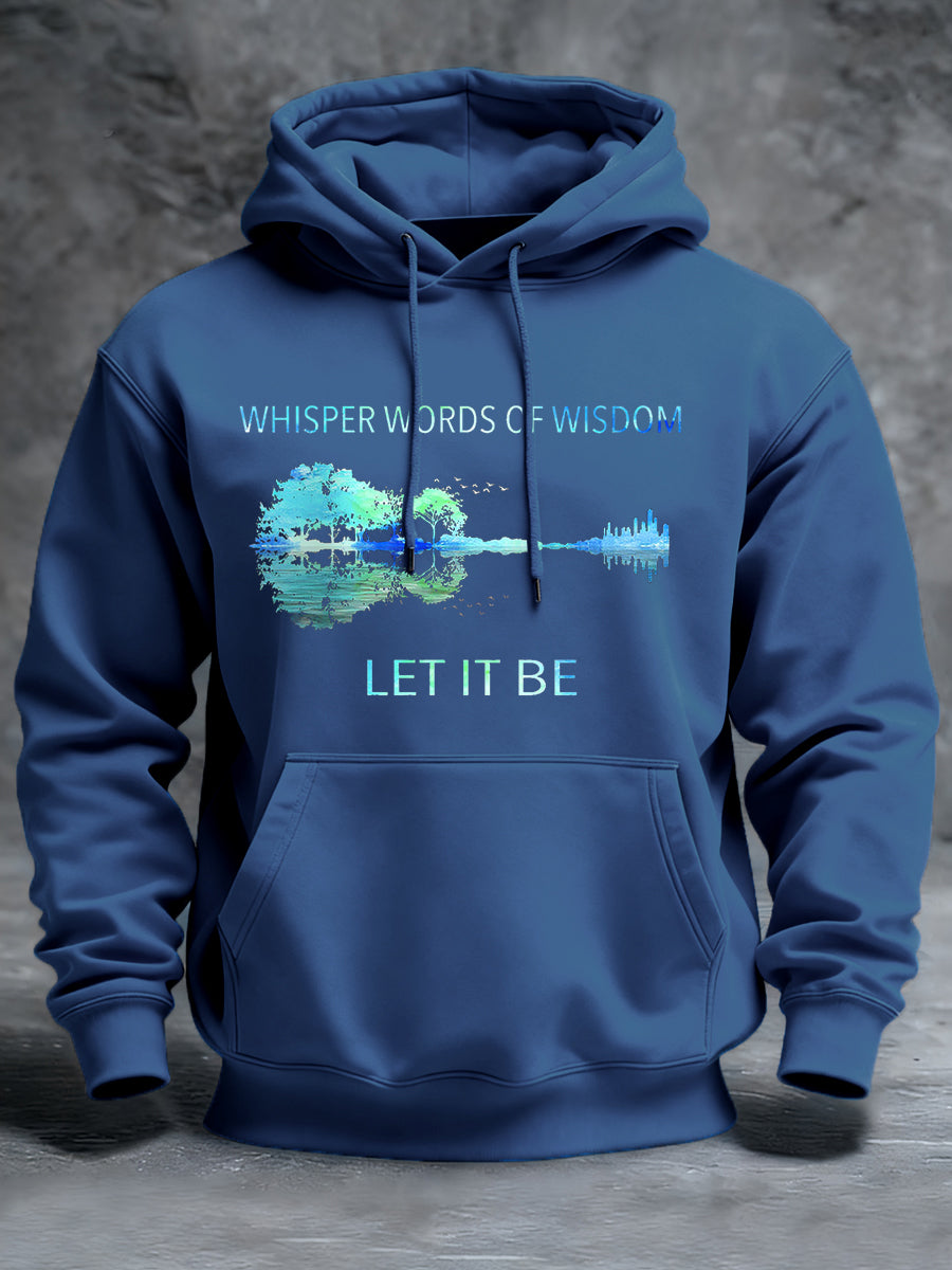 Retro-Hoodie für Herren mit Gitarrenprint und dem Aufdruck „Whisper Words Of Wisdom Let It Be“.