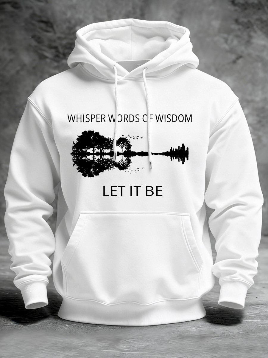 Retro-Hoodie für Herren mit Gitarrenprint und dem Aufdruck „Whisper Words Of Wisdom Let It Be“.