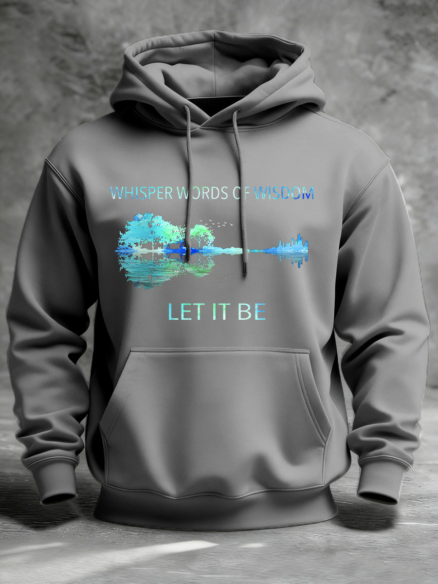 Retro-Hoodie für Herren mit Gitarrenprint und dem Aufdruck „Whisper Words Of Wisdom Let It Be“.