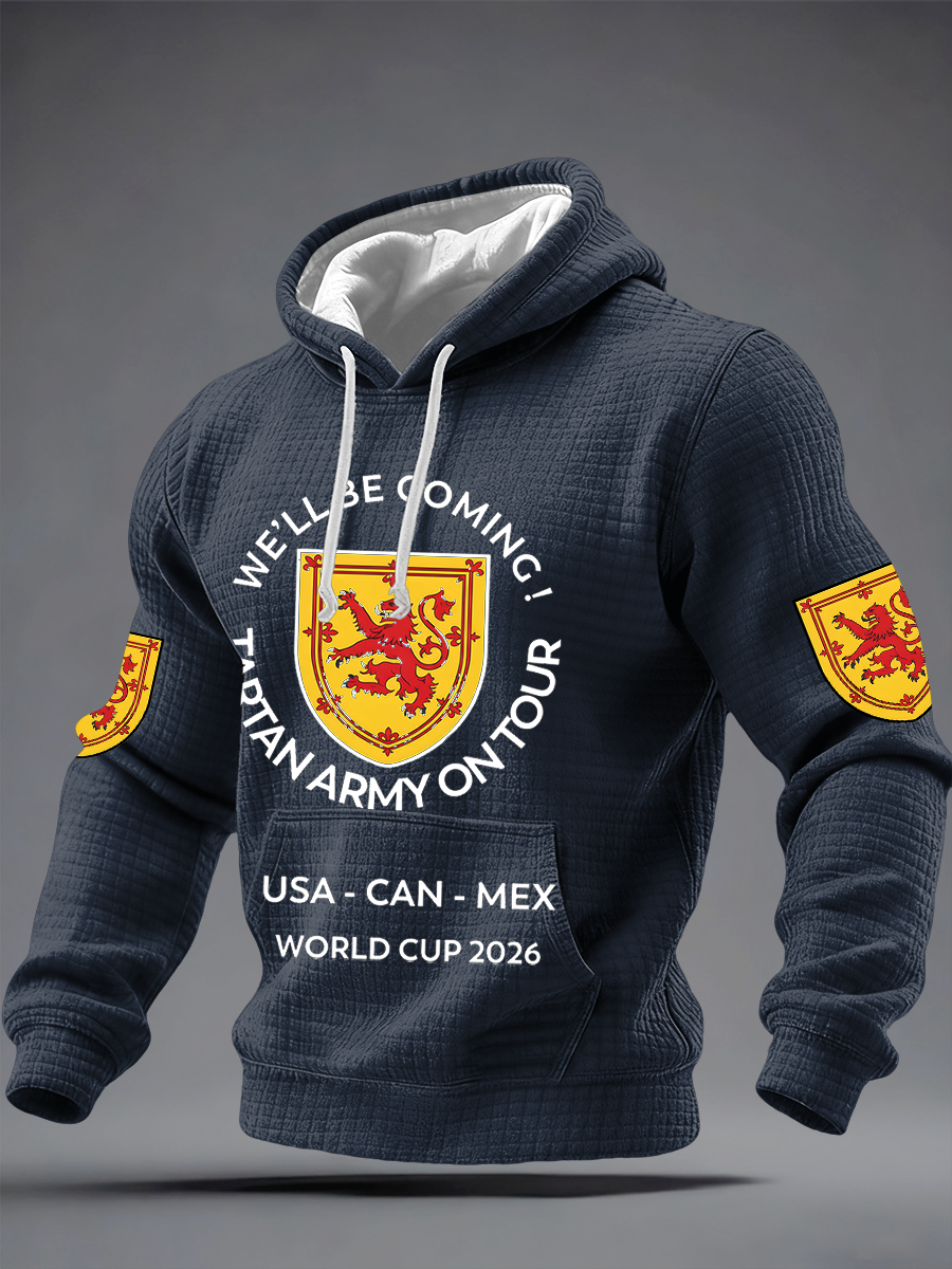 Herren-Hoodie aus Baumwolle mit Karomuster und Aufdruck „UK Football Lover Scotland We'll Be Coming 2026“.