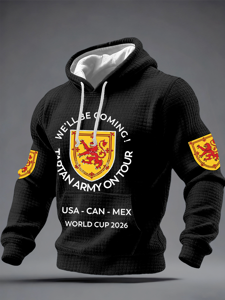 Herren-Hoodie aus Baumwolle mit Karomuster und Aufdruck „UK Football Lover Scotland We'll Be Coming 2026“.
