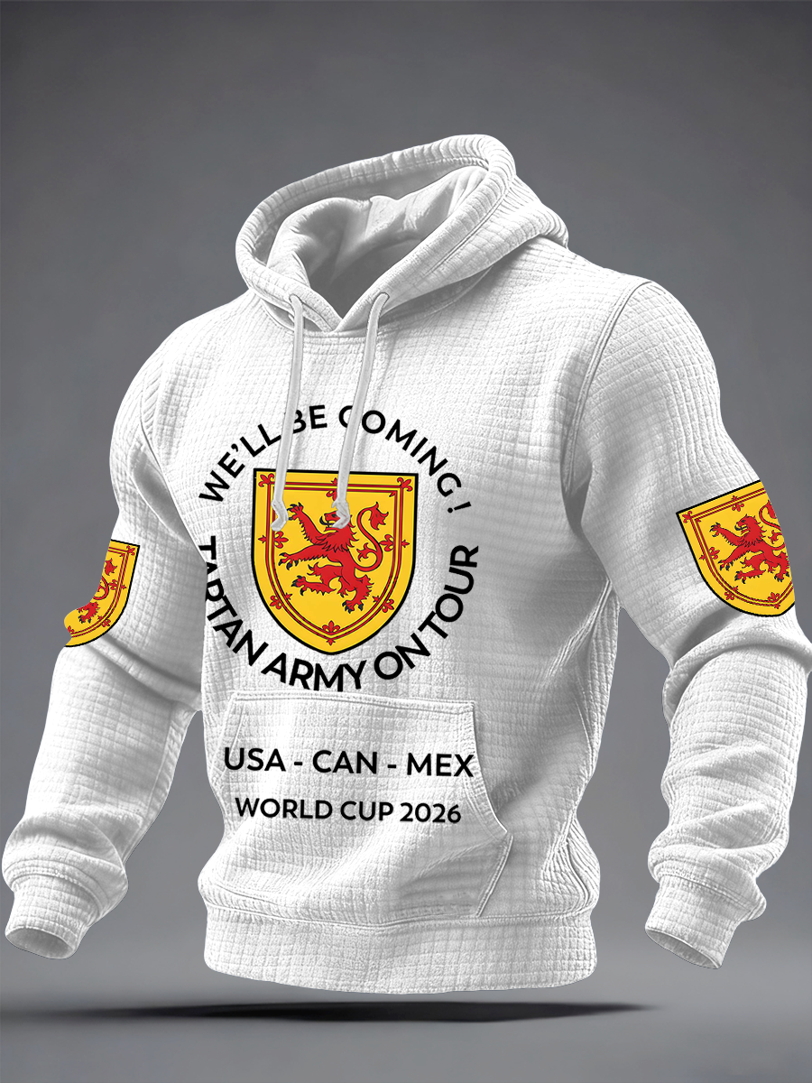 Herren-Hoodie aus Baumwolle mit Karomuster und Aufdruck „UK Football Lover Scotland We'll Be Coming 2026“.