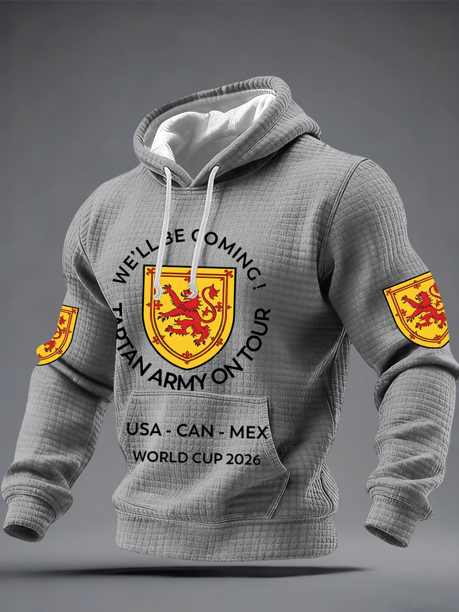 Herren-Hoodie aus Baumwolle mit Karomuster und Aufdruck „UK Football Lover Scotland We'll Be Coming 2026“.