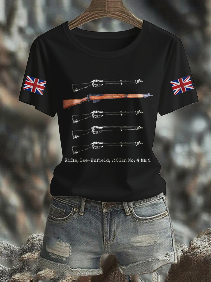 Damen-T-Shirt mit aufbügelbarem Lee-Enfield-Gewehr-Motiv und kurzen Ärmeln