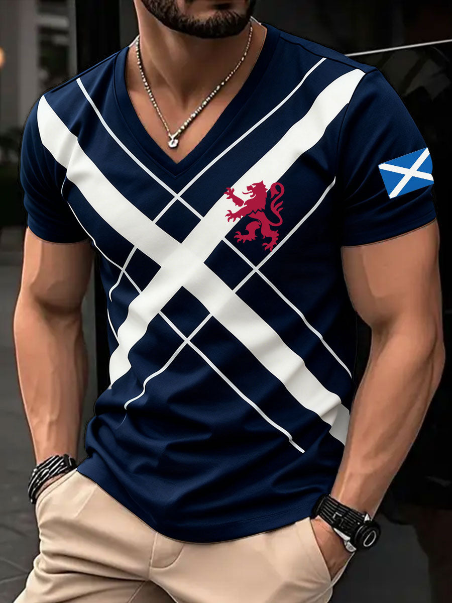 Herren-T-Shirt mit V-Ausschnitt und Tartan-Armee-Print für Schottenfußballfans