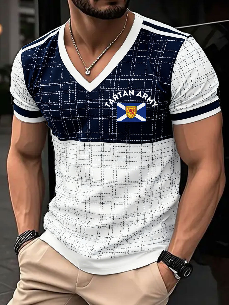 Herren-T-Shirt mit V-Ausschnitt und Tartan-Armee-Print für Schottenfußballfans